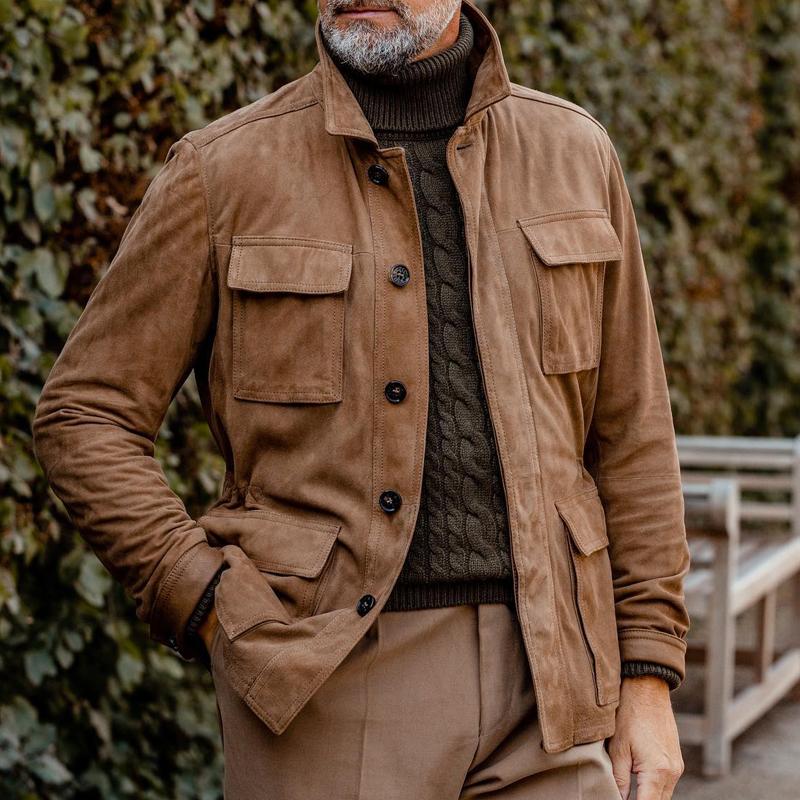 Vintage-Wildlederjacke für Herren mit Revers und mehreren Taschen | Colosy