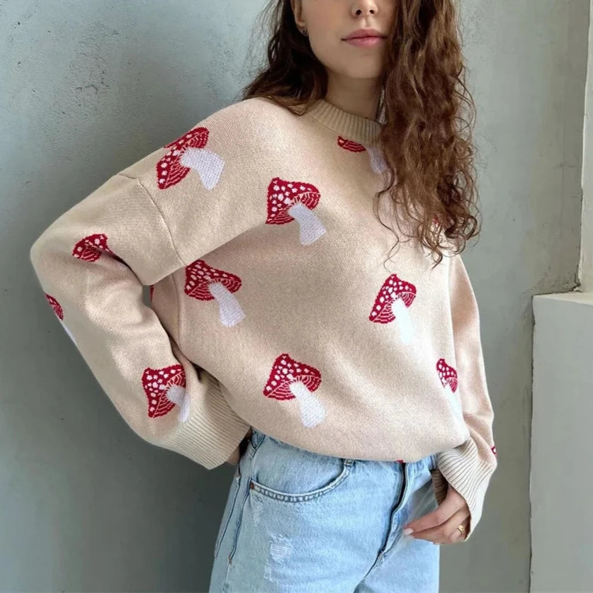 Damenpullover mit Pilz-Print | Colosy