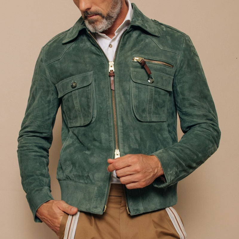 Retro-Wildlederjacke für Herren mit Revers, Reißverschluss und Brusttasche | Colosy