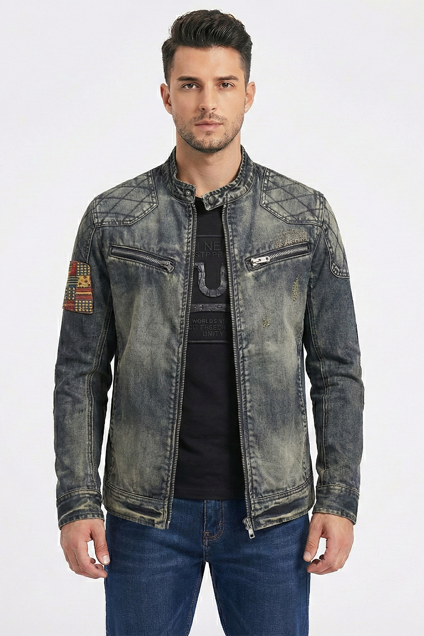 Vintage-Denimjacke für Herren mit Stehkragen | Colosy