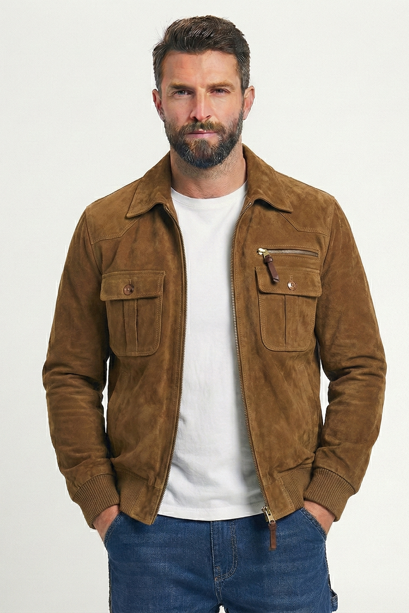 Retro-Wildlederjacke für Herren mit Revers, Reißverschluss und Brusttasche | Colosy